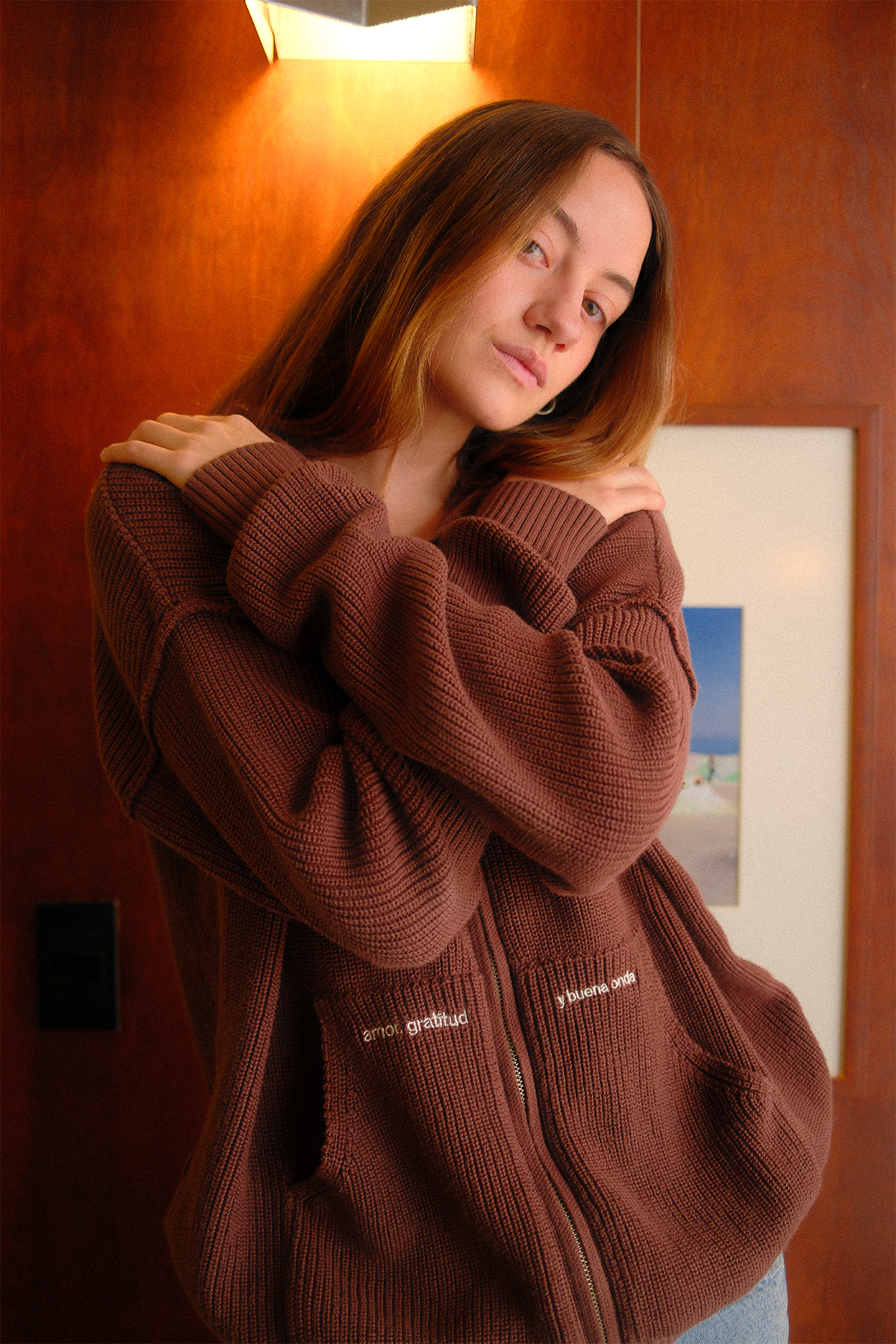 Knit Zip-Up Hoodie Brown